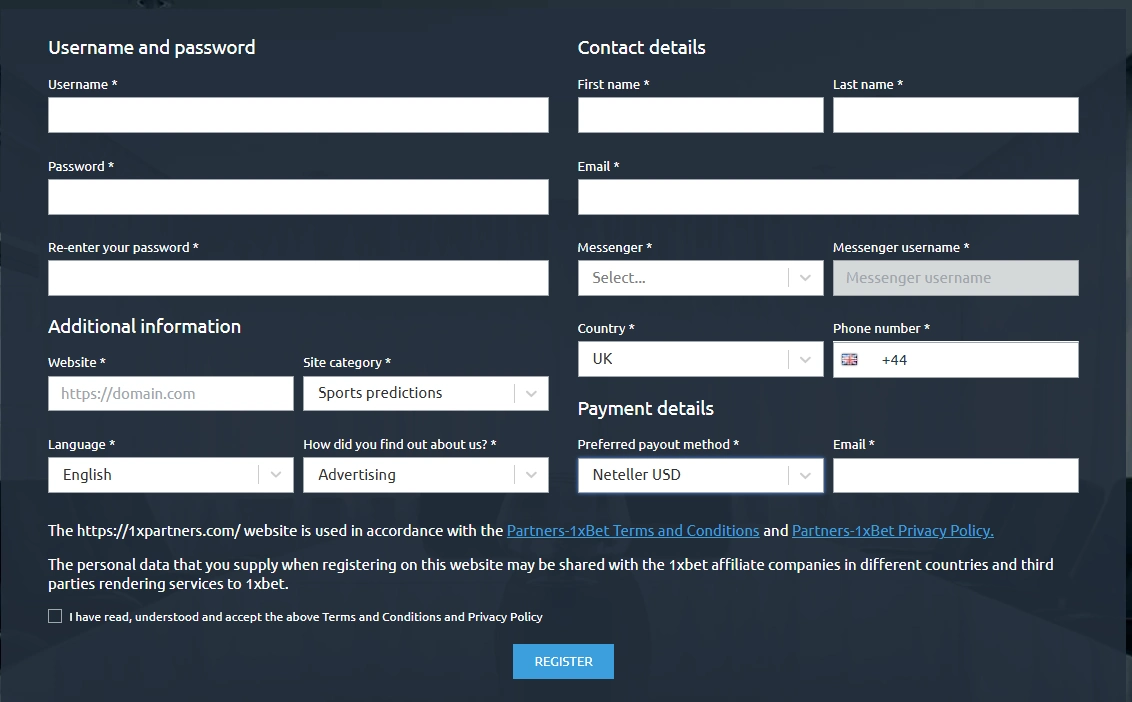 1xbet registration process.